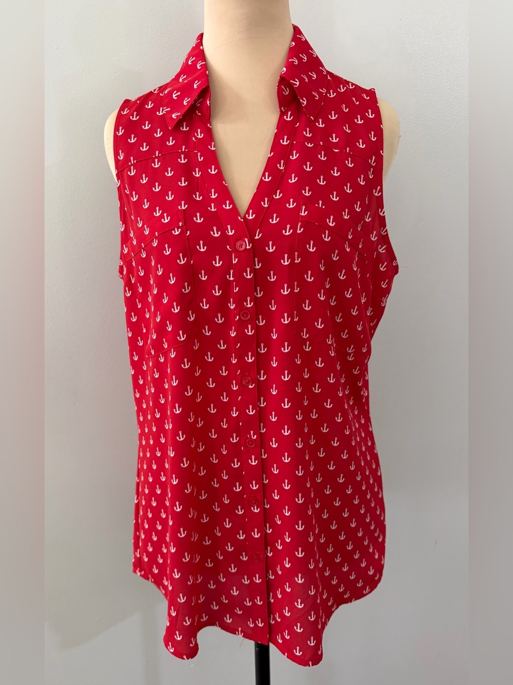 Express Red White Anchor Print Sleeveless Button-Down Women's Blouse Shirt Top